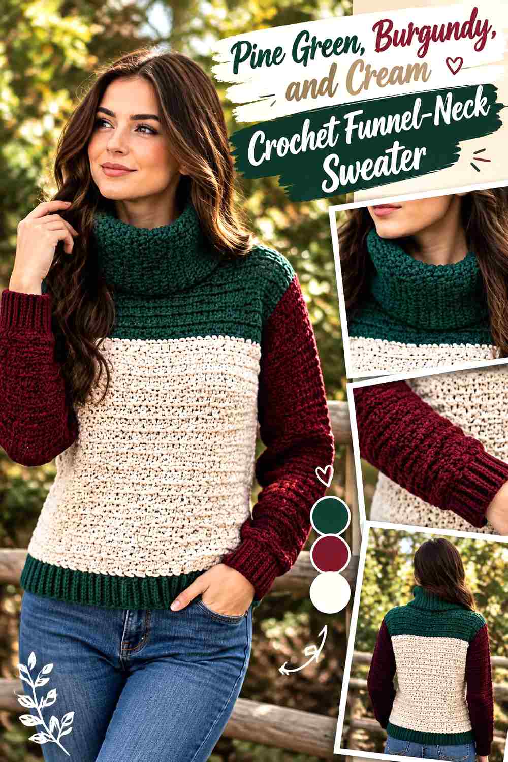 20. Pine Green Burgundy And Cream Crochet Funnel Neck Sweater