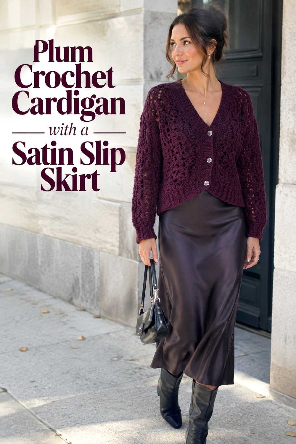 9. Plum Crochet Cardigan With A Satin Slip Skirt