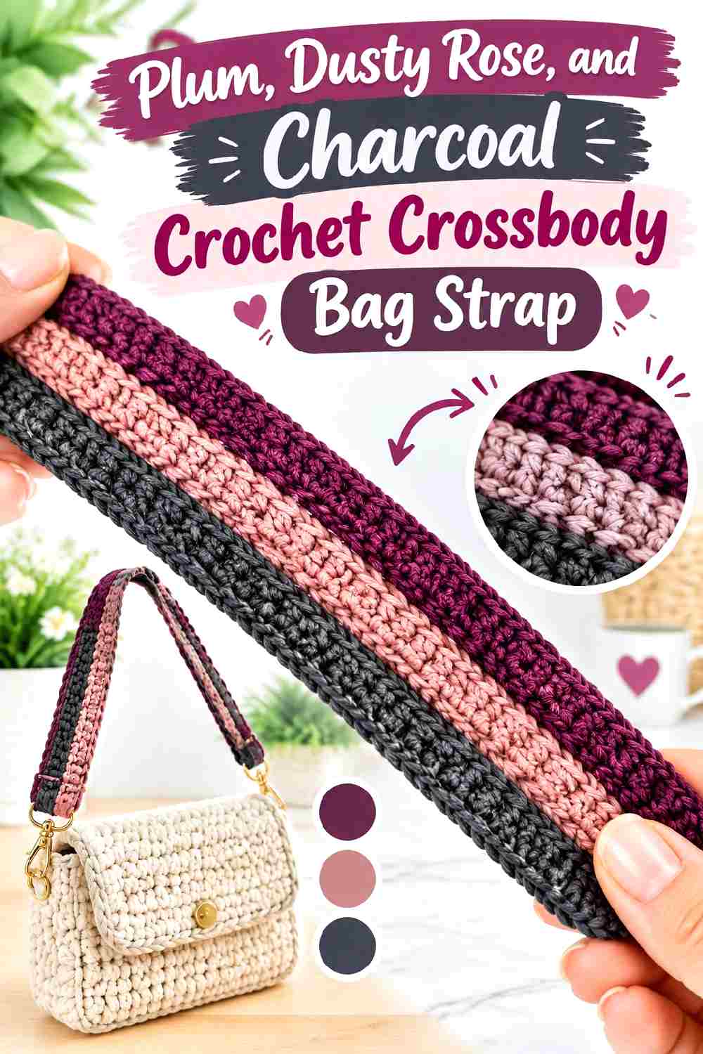 4. Plum Dusty Rose And Charcoal Crochet Crossbody Bag Strap