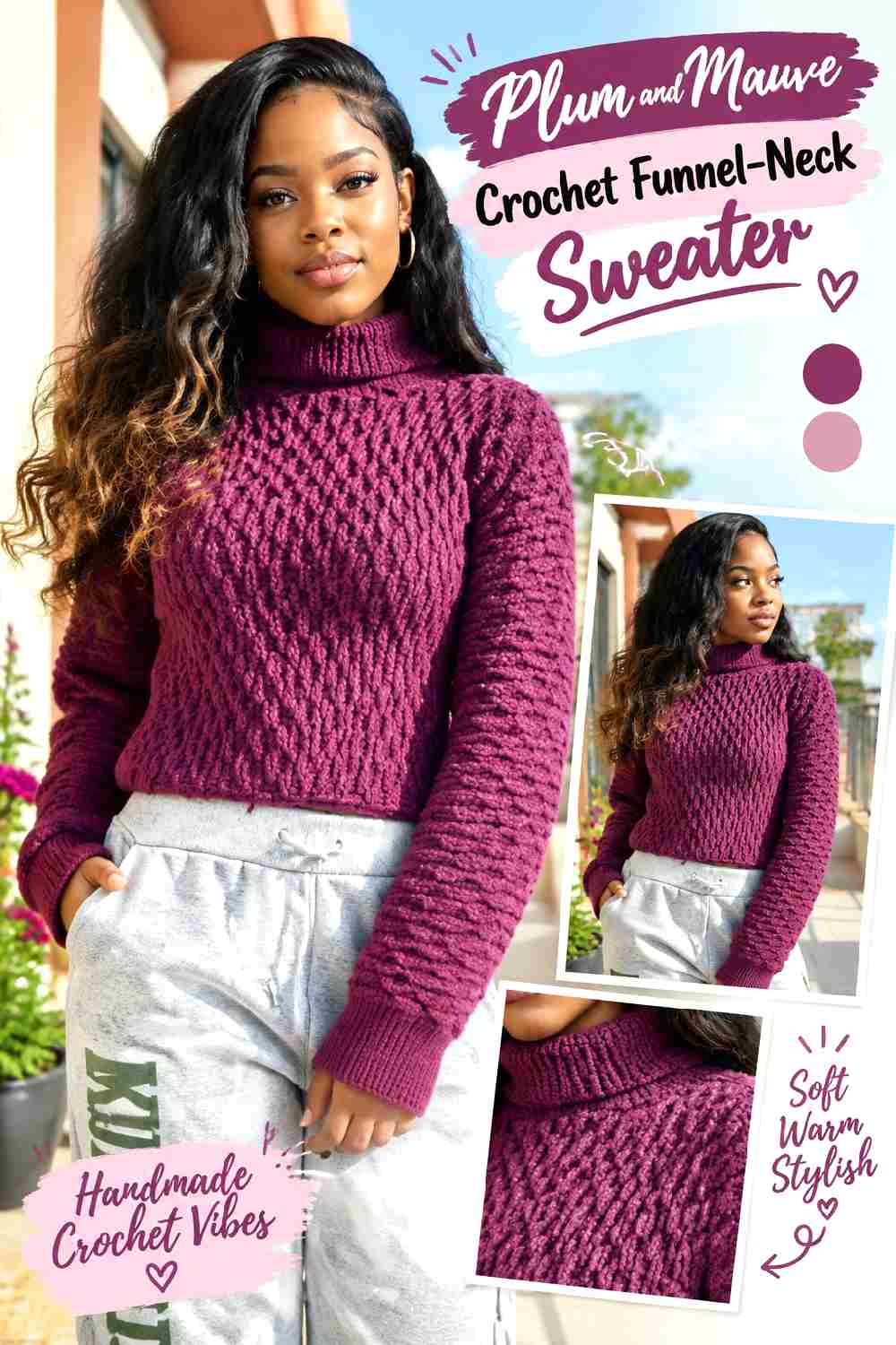 10. Plum And Mauve Crochet Funnel Neck Sweater