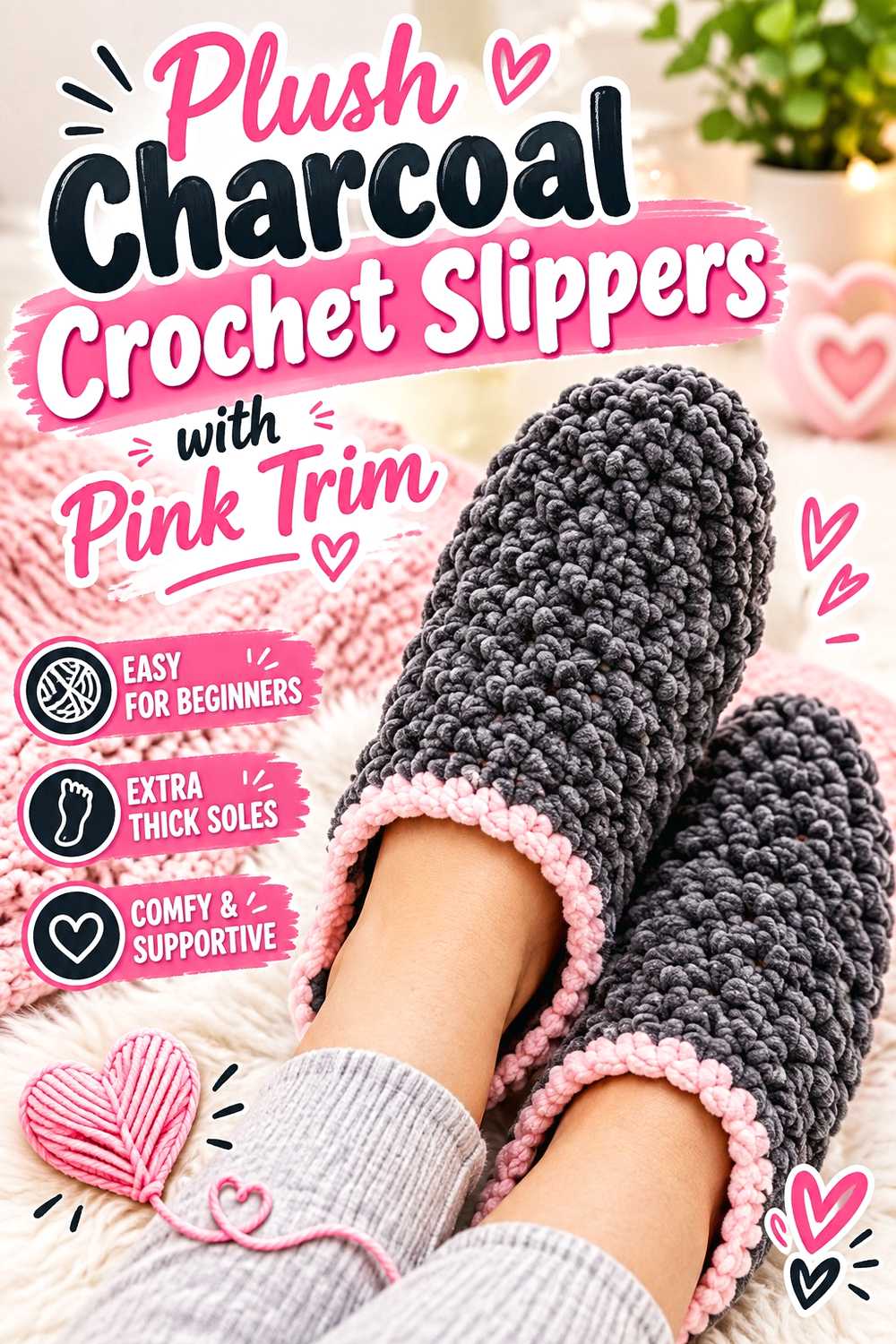 Plush Charcoal Crochet Slippers with Pink Trim