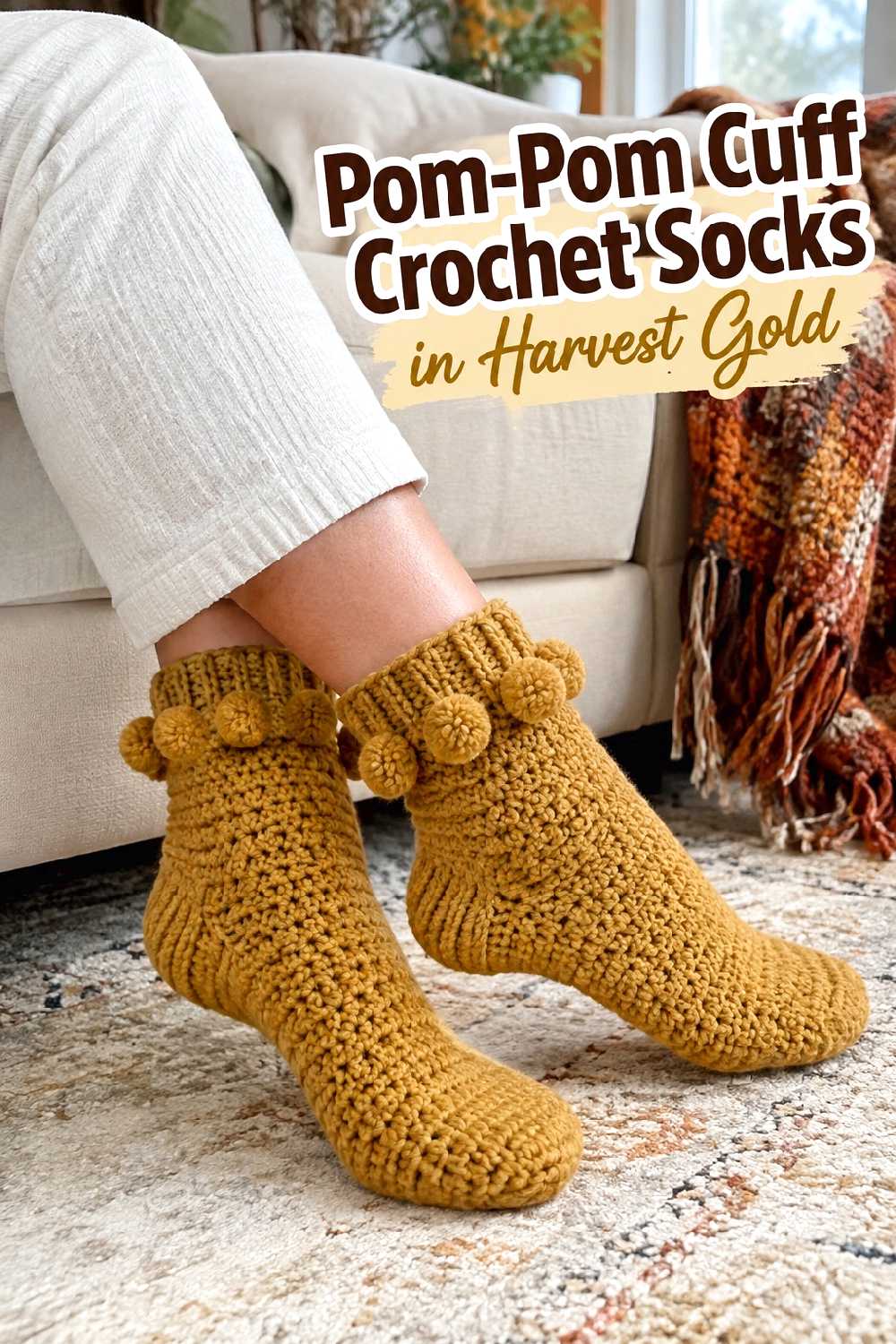 13. Pom Pom Cuff Crochet Socks In Harvest Gold