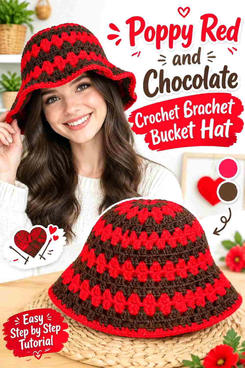 17. Poppy Red And Chocolate Crochet Bucket Hat