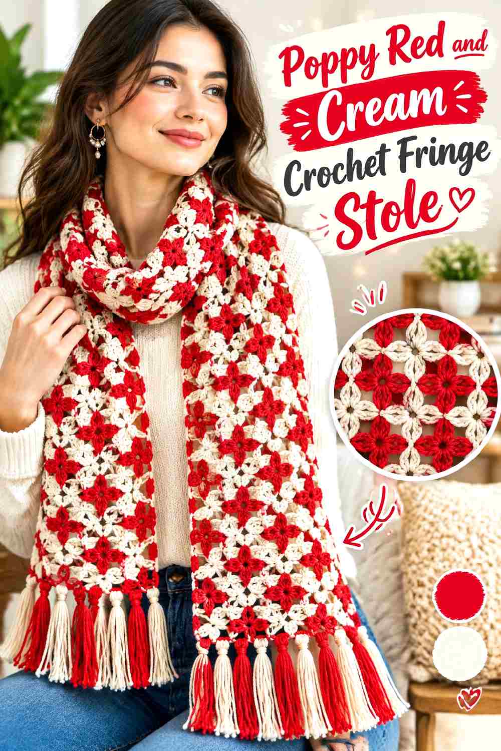 9. Poppy Red And Cream Crochet Fringe Stole