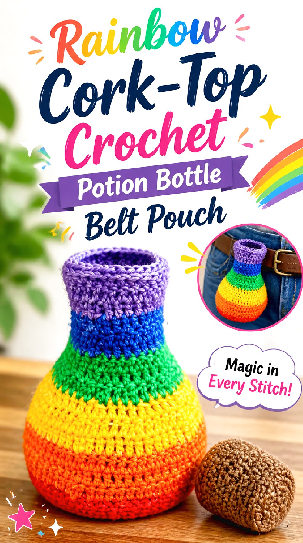 Rainbow Cork Top Crochet Potion Bottle Belt Pouch