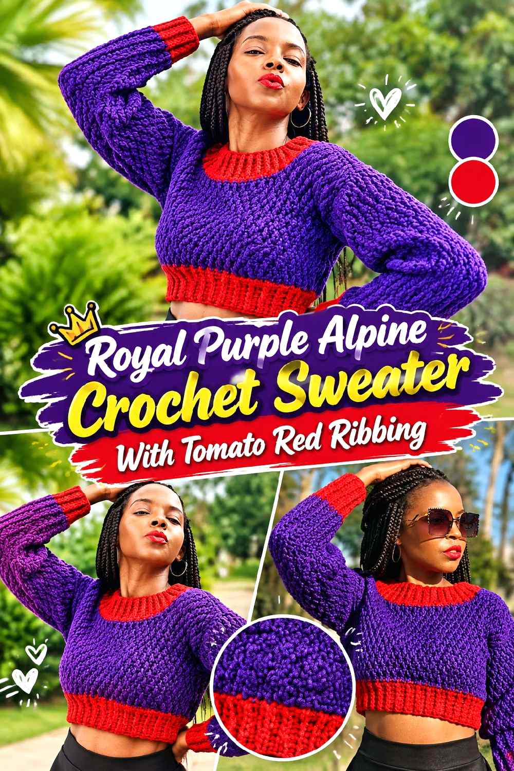5. Royal Purple Alpine Crochet Sweater With Tomato Red Ribbing