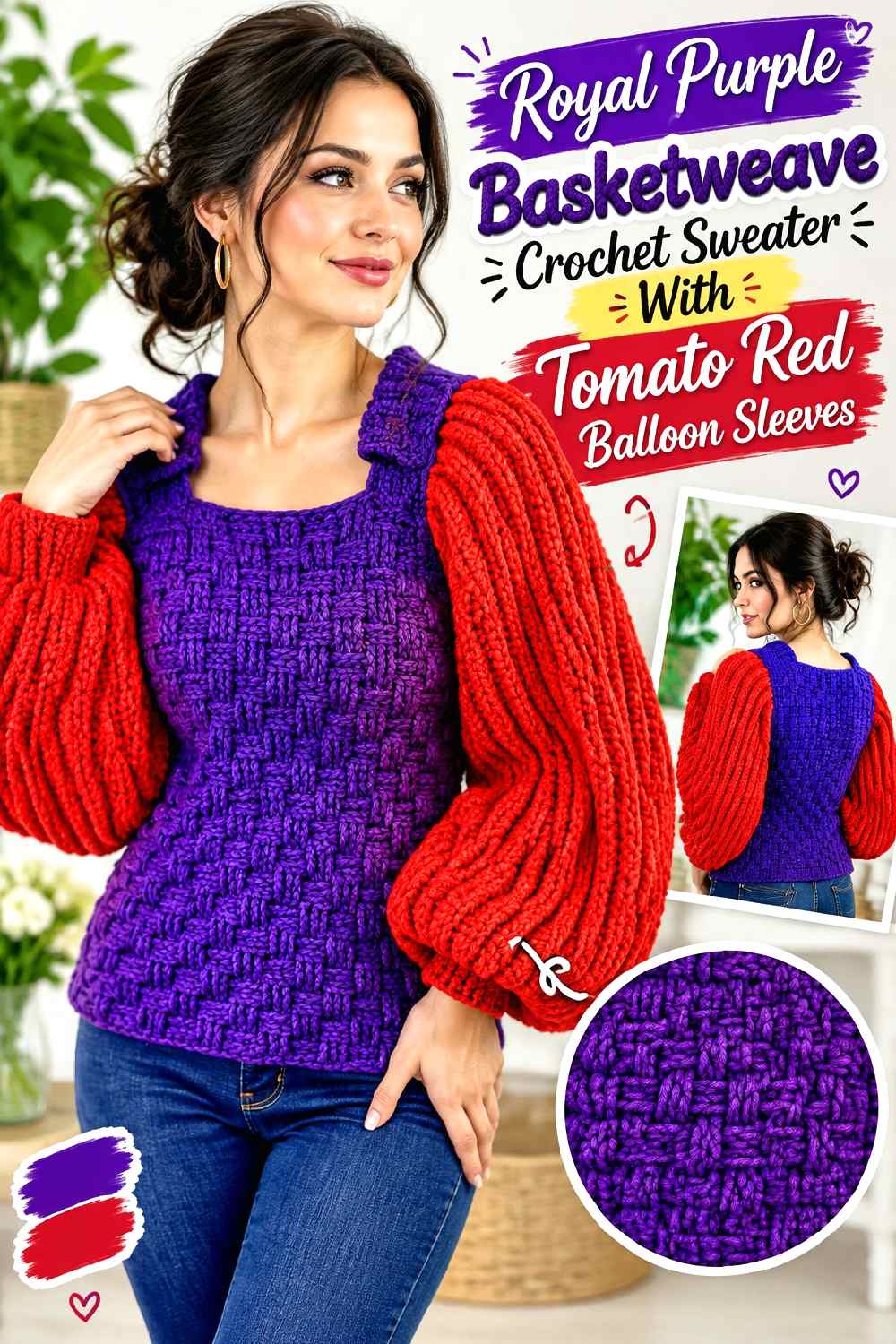 3. Royal Purple Basketweave Crochet Sweater With Tomato Red Balloon Sleeves