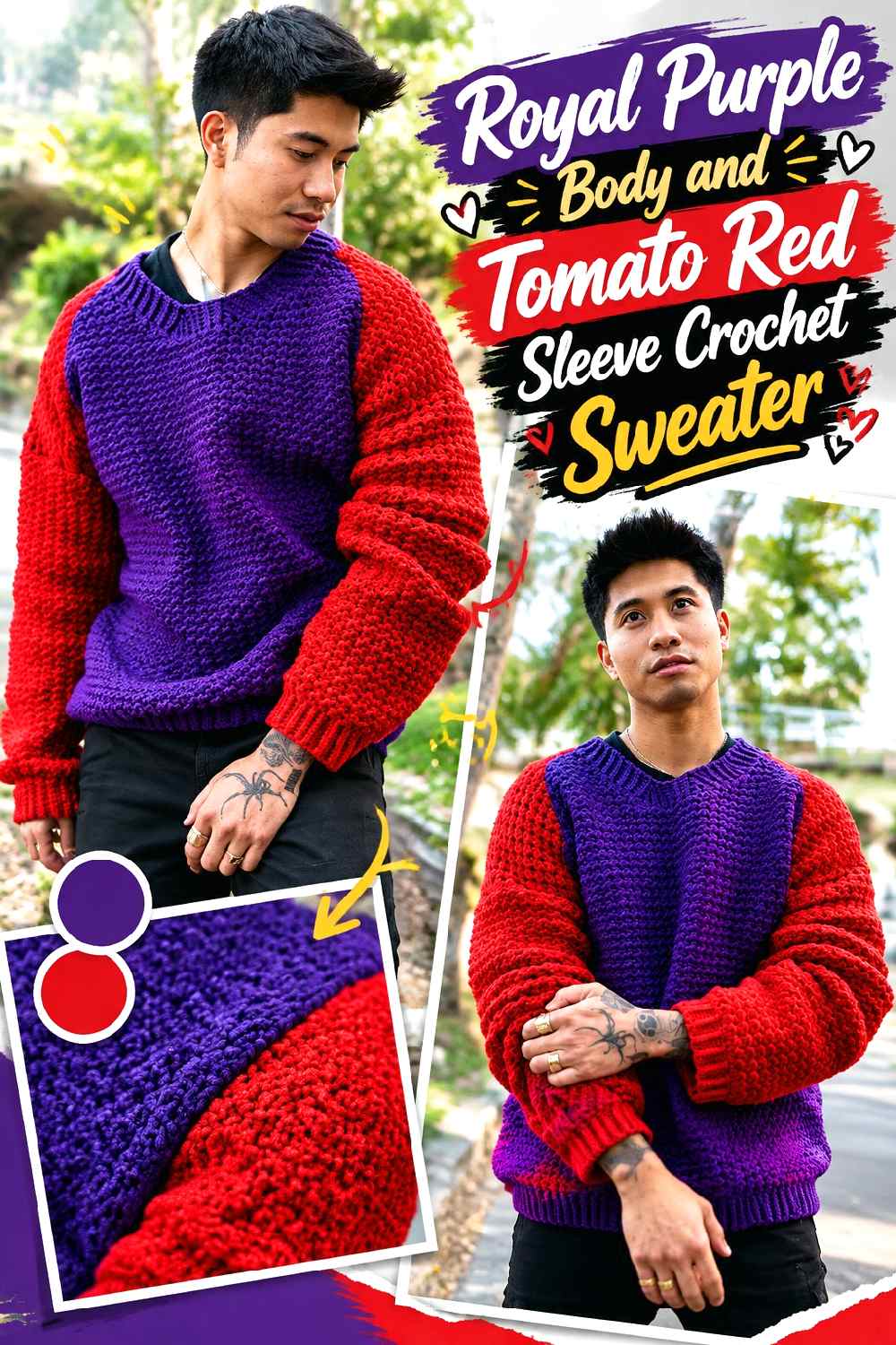 18. Royal Purple Body And Tomato Red Sleeve Crochet Sweater