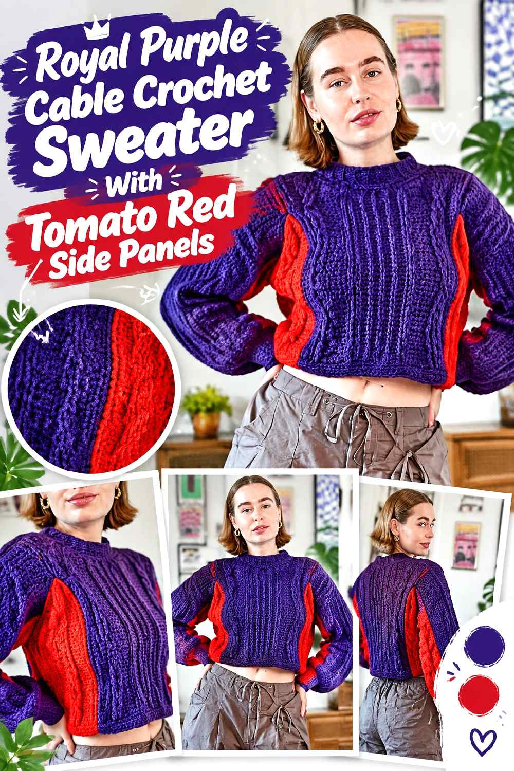 12. Royal Purple Cable Crochet Sweater With Tomato Red Side Panels