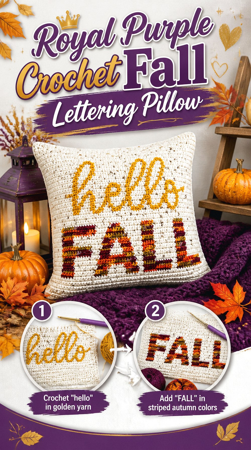 Royal Purple Crochet Fall Lettering Pillow