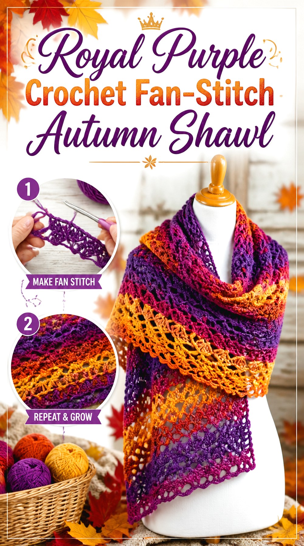 Royal Purple Crochet Fan Stitch Autumn Shawl