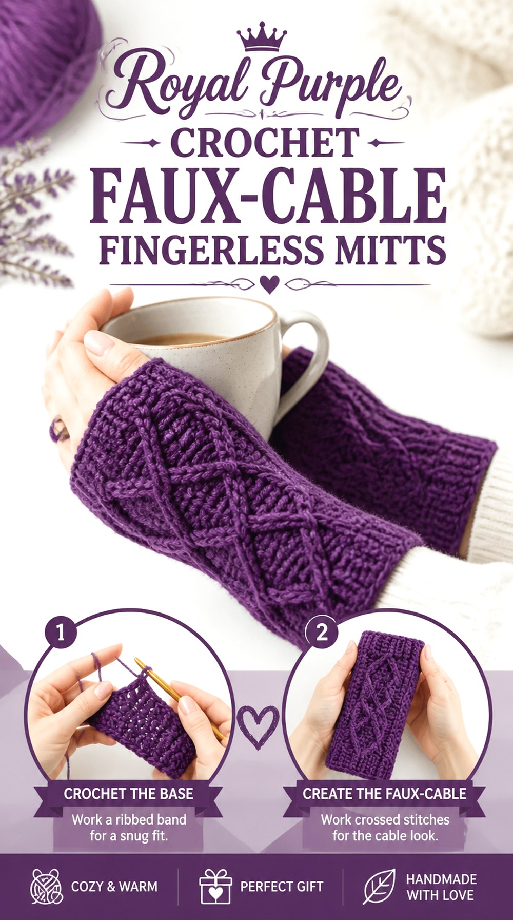 Royal Purple Crochet Faux Cable Fingerless Mitts