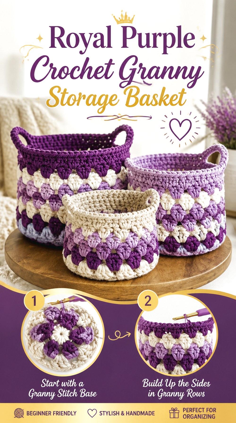 Royal Purple Crochet Granny Storage Basket
