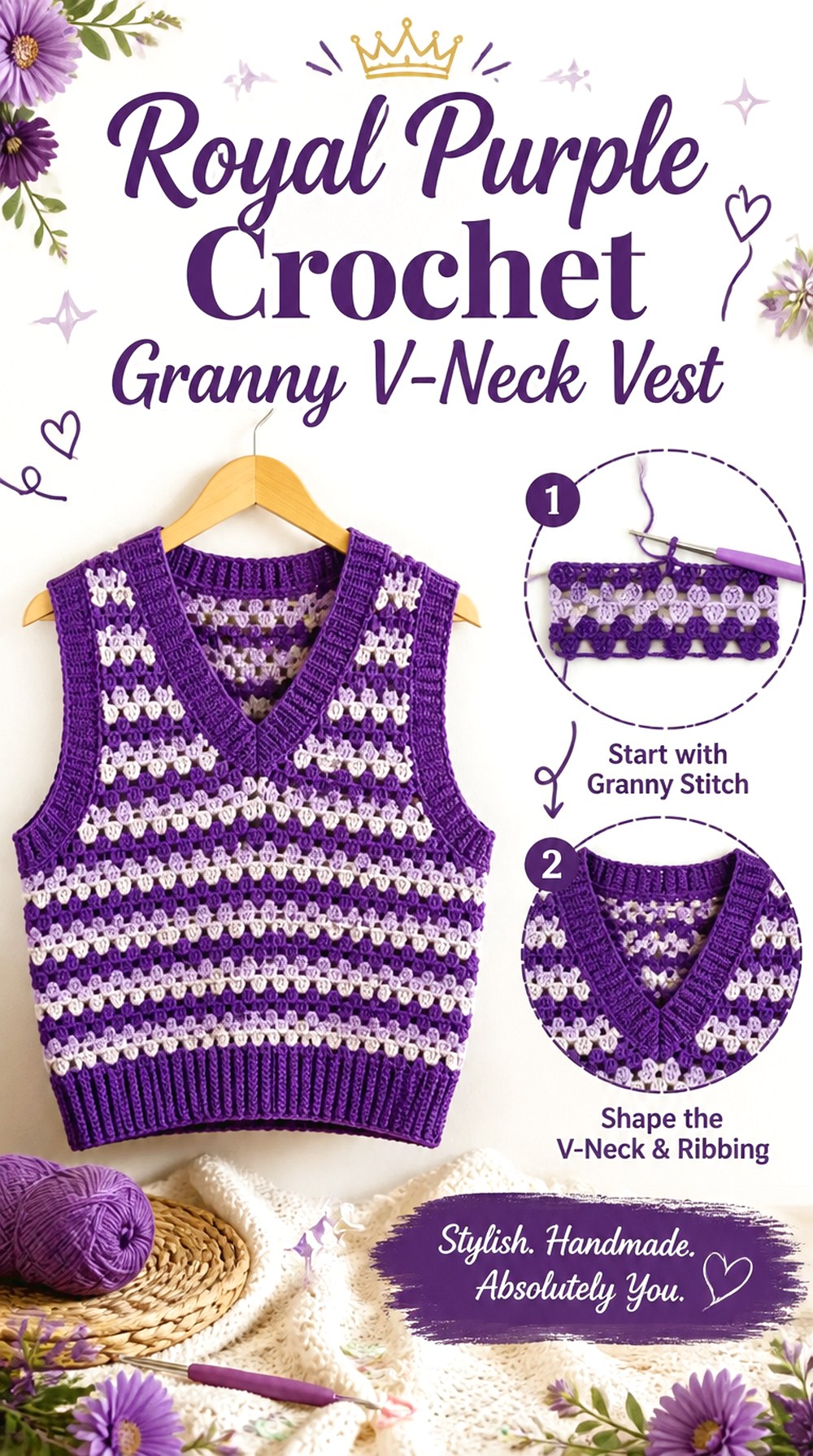 Royal Purple Crochet Granny V Neck Vest