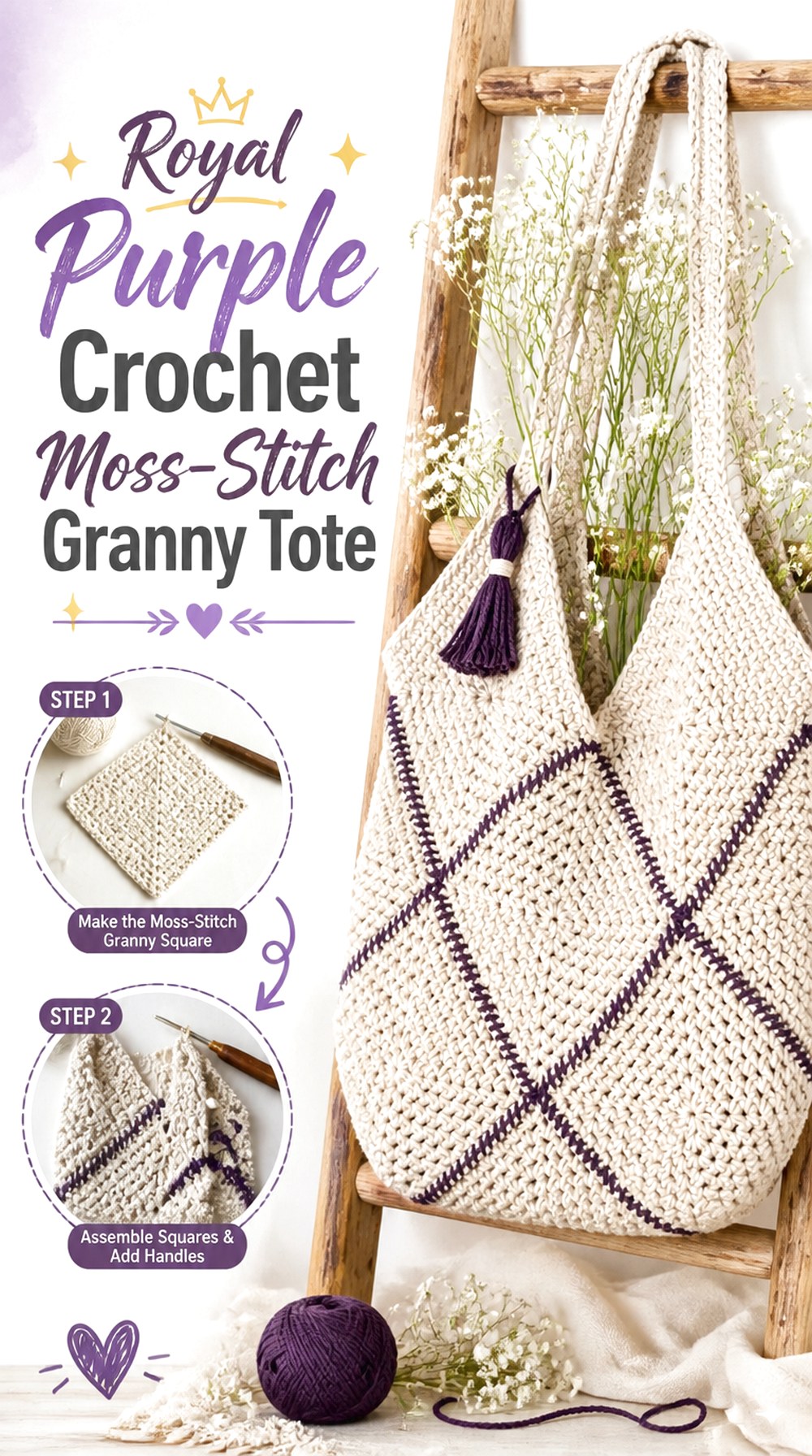 Royal Purple Crochet Moss Stitch Granny Tote