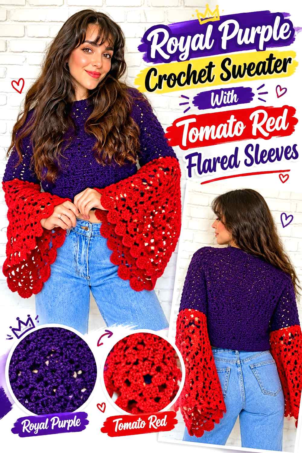 20. Royal Purple Crochet Sweater With Tomato Red Flared Sleeves