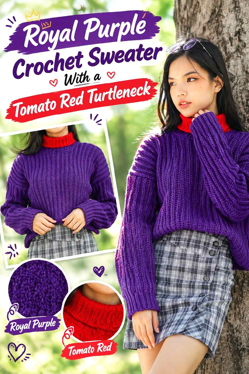 13. Royal Purple Crochet Sweater With A Tomato Red Turtleneck