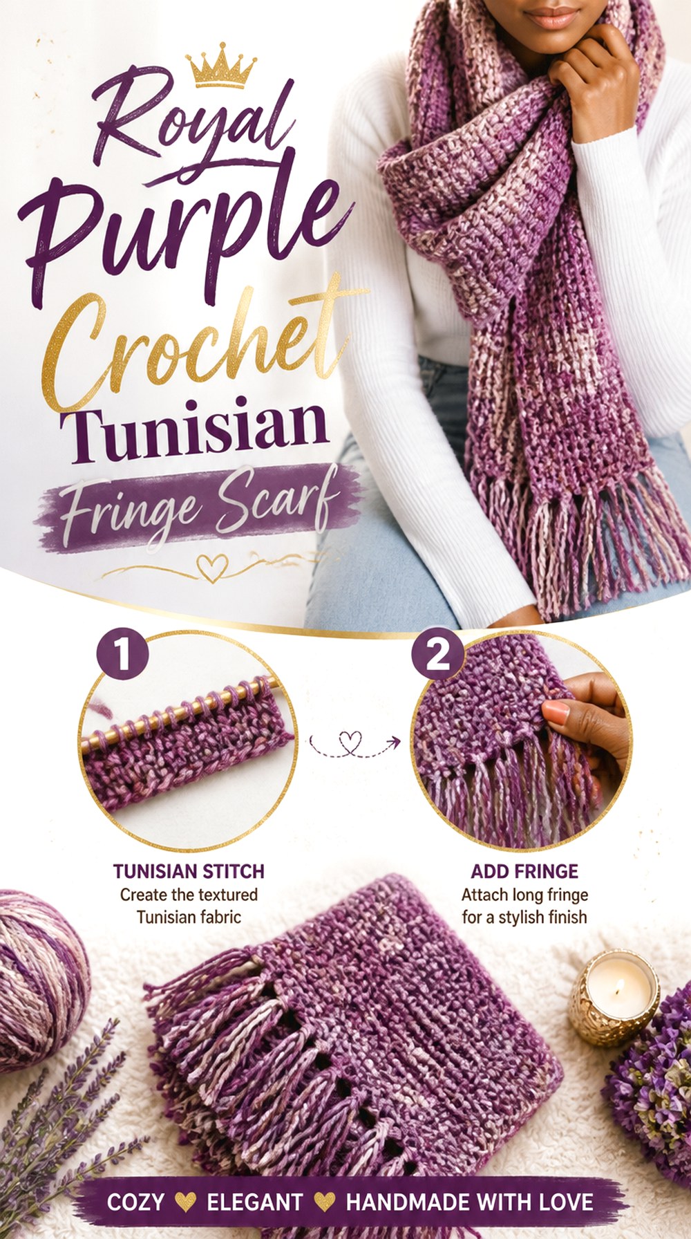 Royal Purple Crochet Tunisian Fringe Scarf