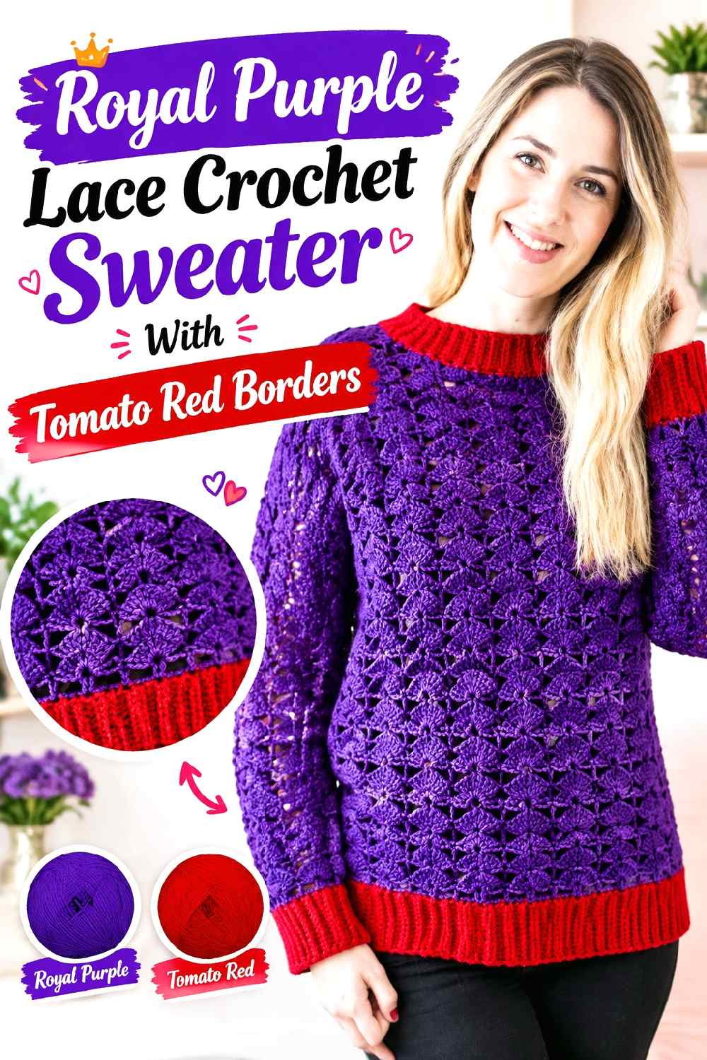 11. Royal Purple Lace Crochet Sweater With Tomato Red Borders