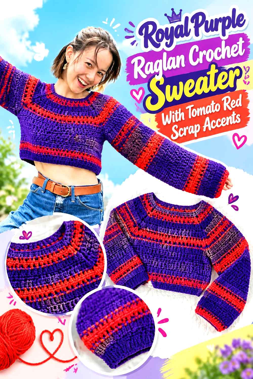8. Royal Purple Raglan Crochet Sweater With Tomato Red Scrap Accents