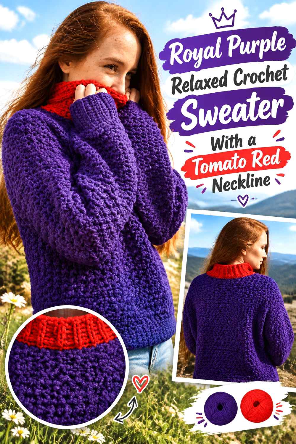 17. Royal Purple Relaxed Crochet Sweater With A Tomato Red Neckline