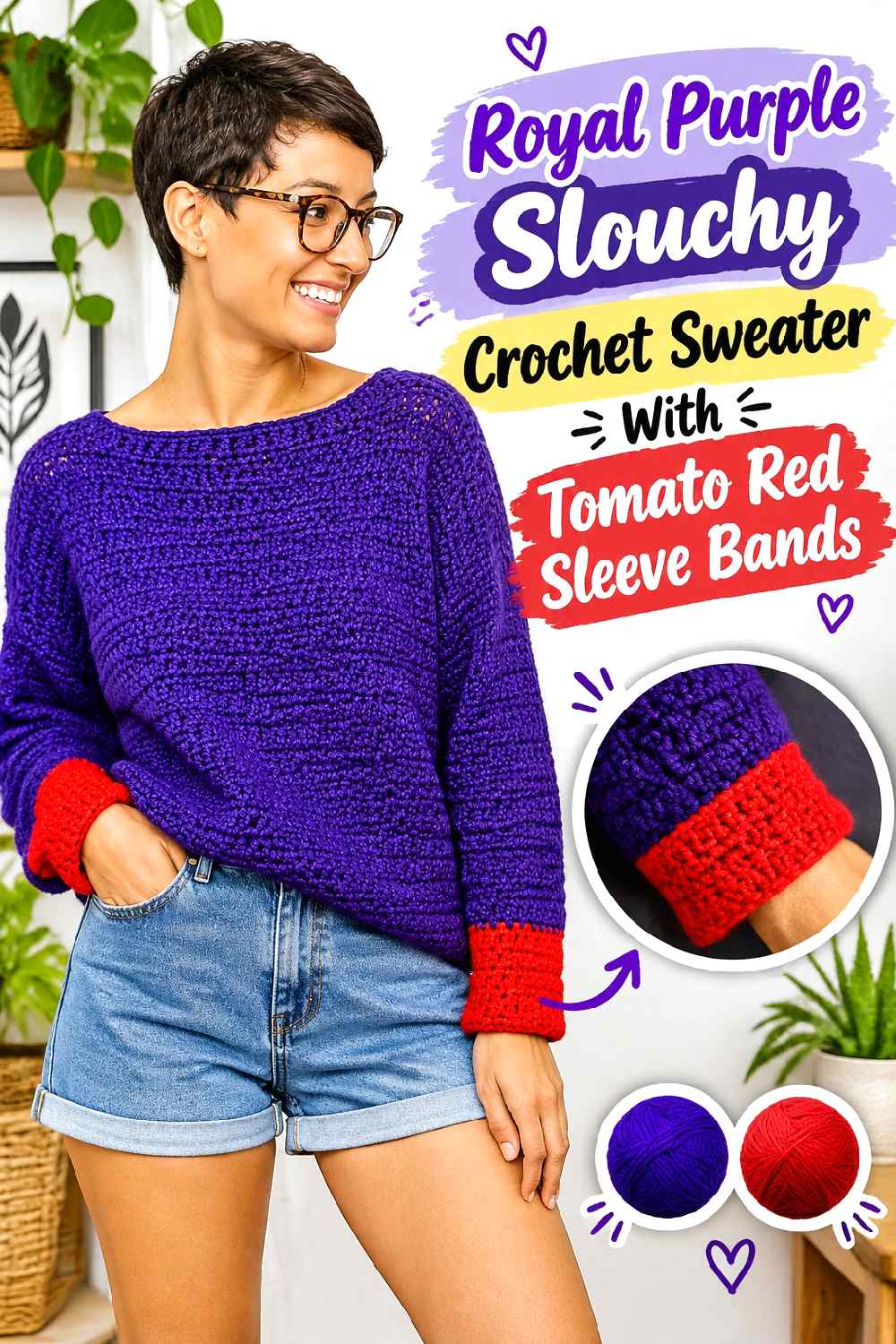 16. Royal Purple Slouchy Crochet Sweater With Tomato Red Sleeve Bands