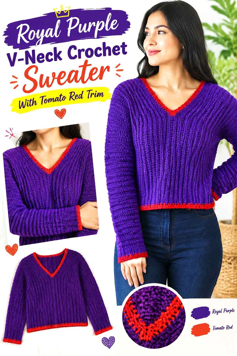1. Royal Purple V Neck Crochet Sweater With Tomato Red Trim