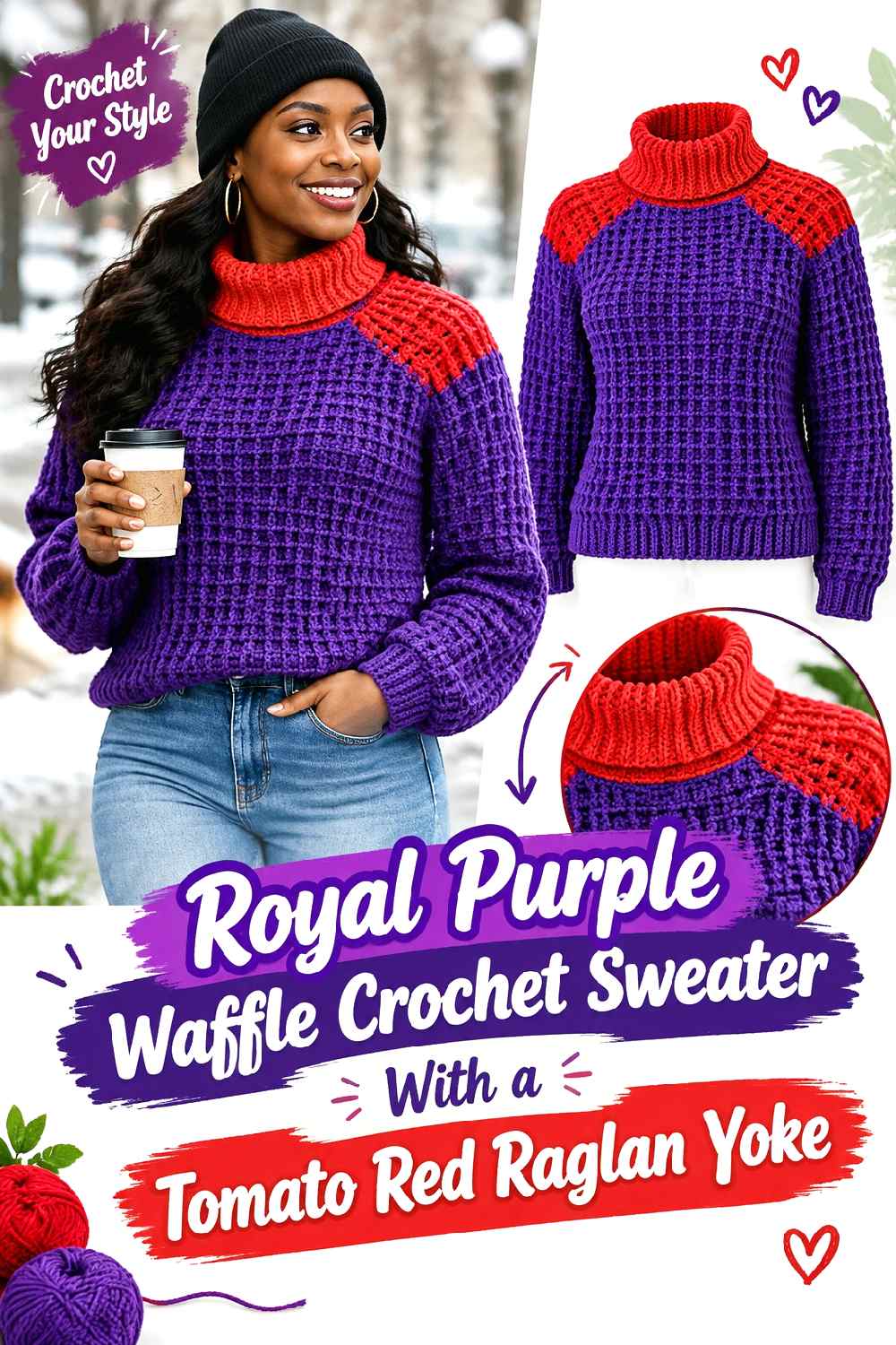 14. Royal Purple Waffle Crochet Sweater With A Tomato Red Raglan Yoke