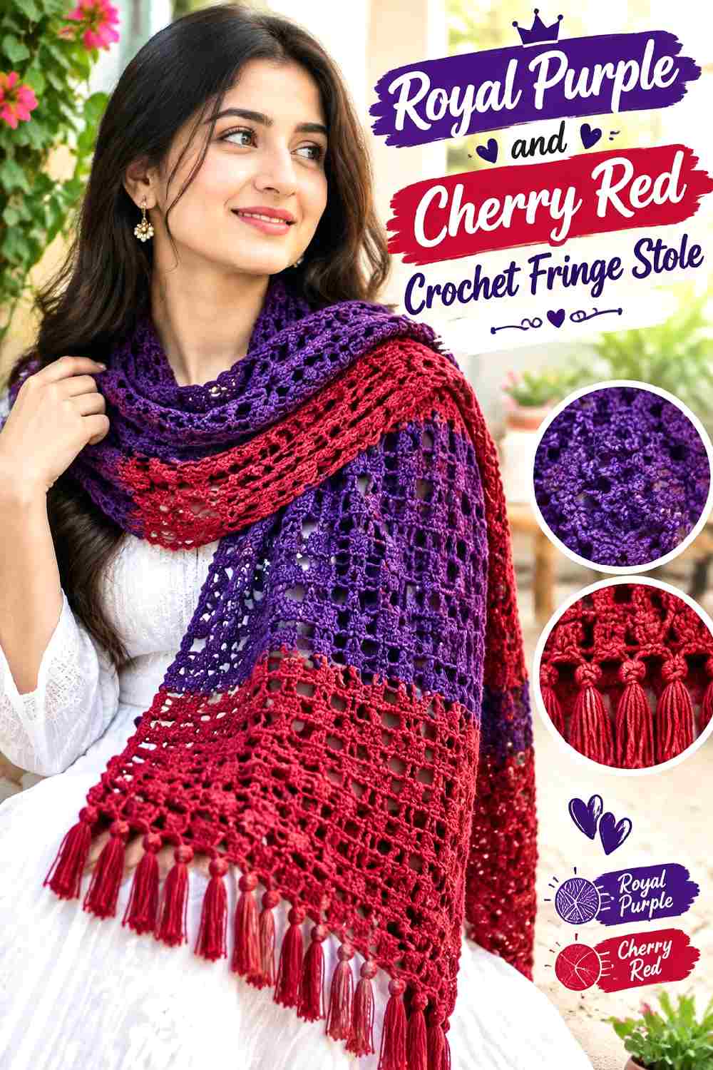 3. Royal Purple And Cherry Red Crochet Fringe Stole