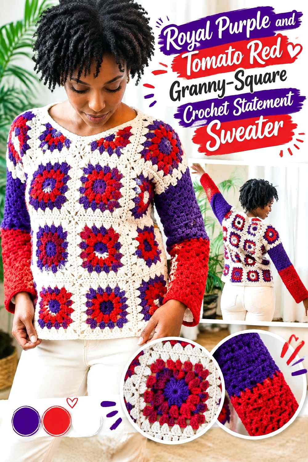 9. Royal Purple And Tomato Red Granny Square Crochet Statement Sweater