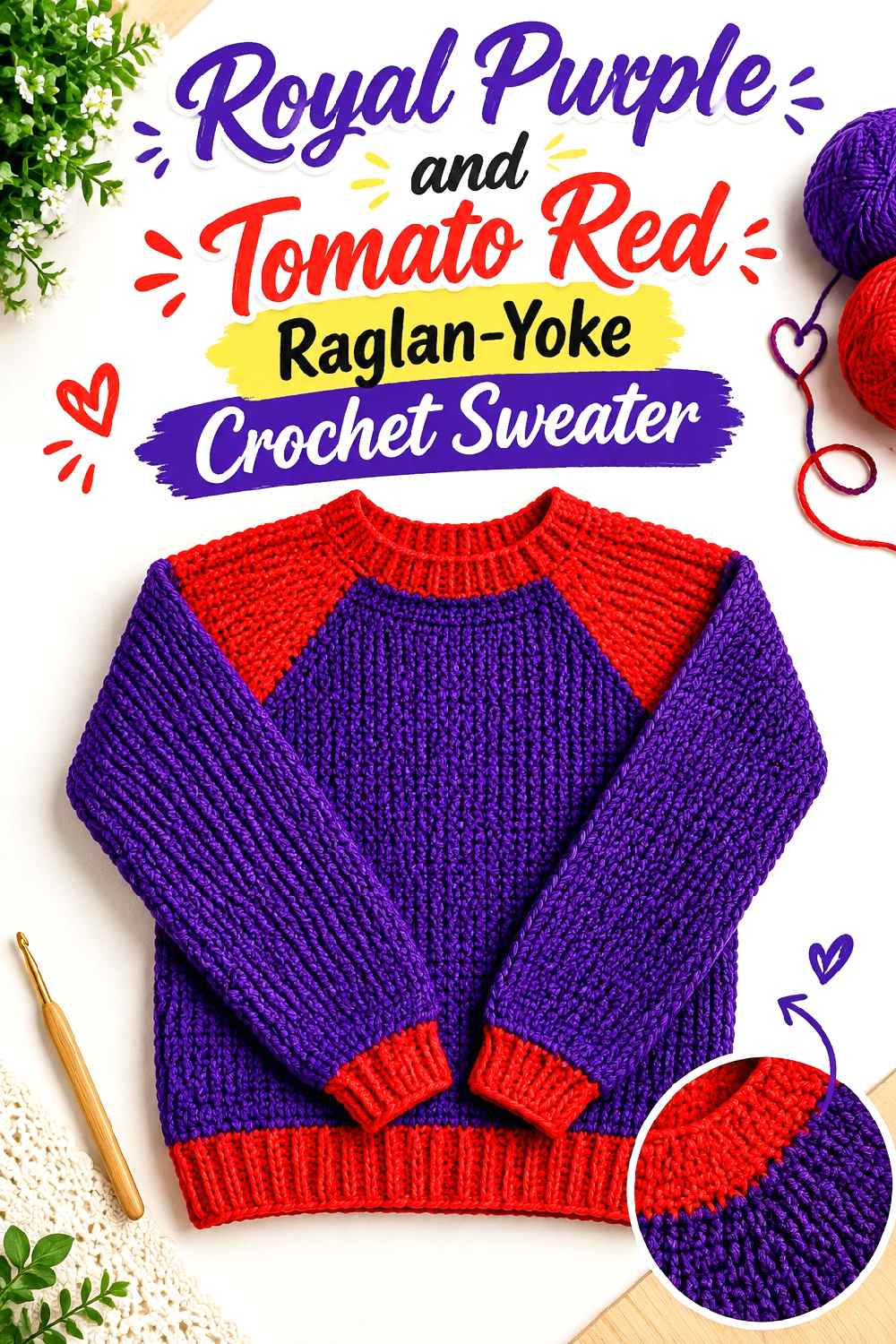19. Royal Purple And Tomato Red Raglan Yoke Crochet Sweater