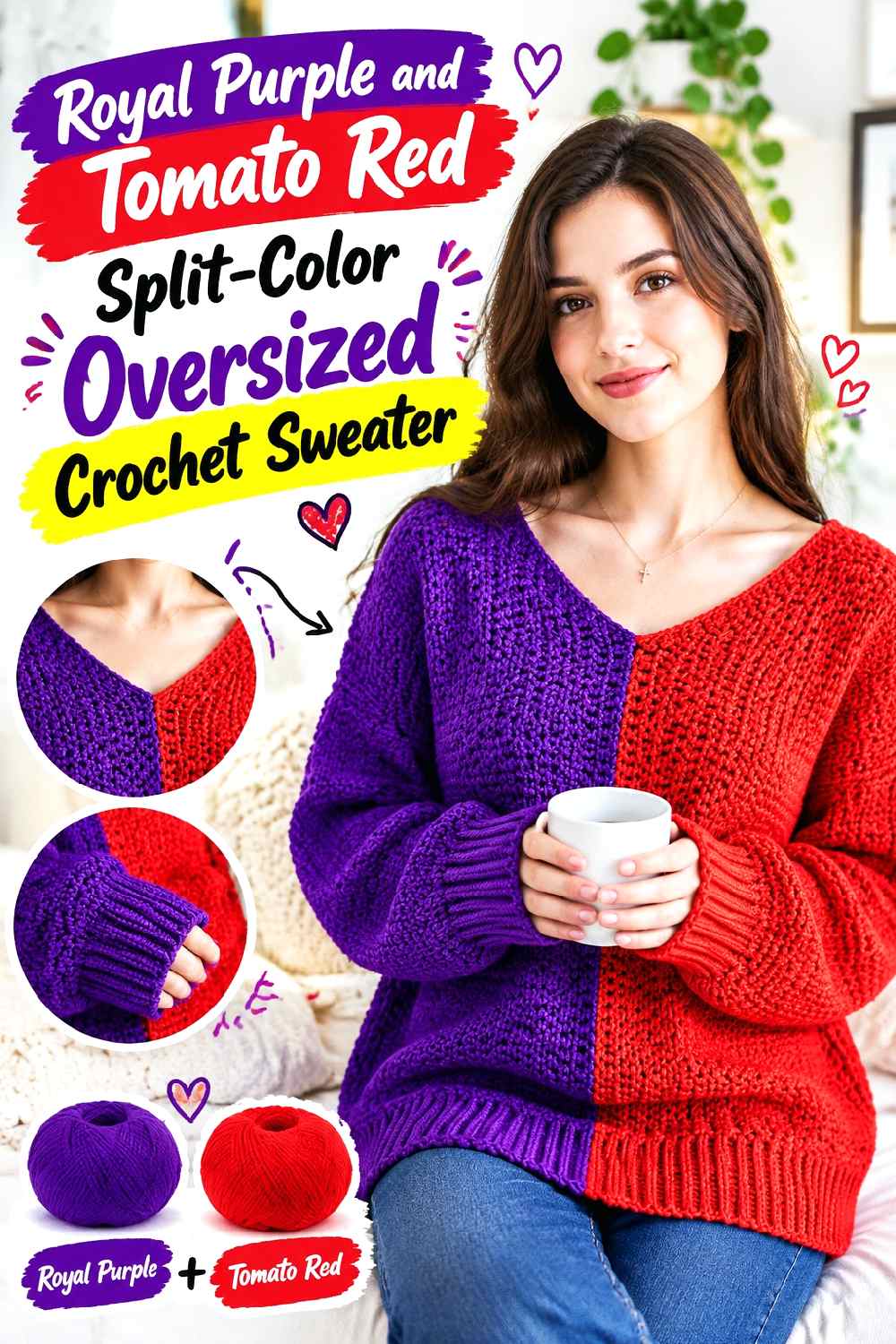 4. Royal Purple And Tomato Red Split Color Oversized Crochet Sweater