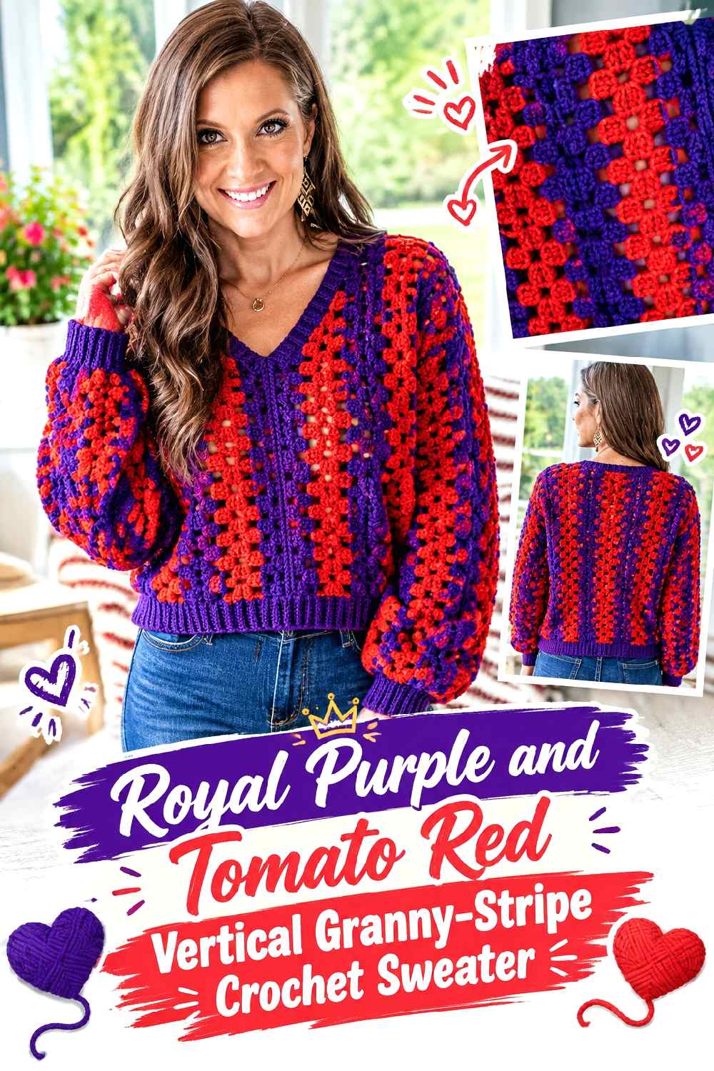 10. Royal Purple And Tomato Red Vertical Granny Stripe Crochet Sweater