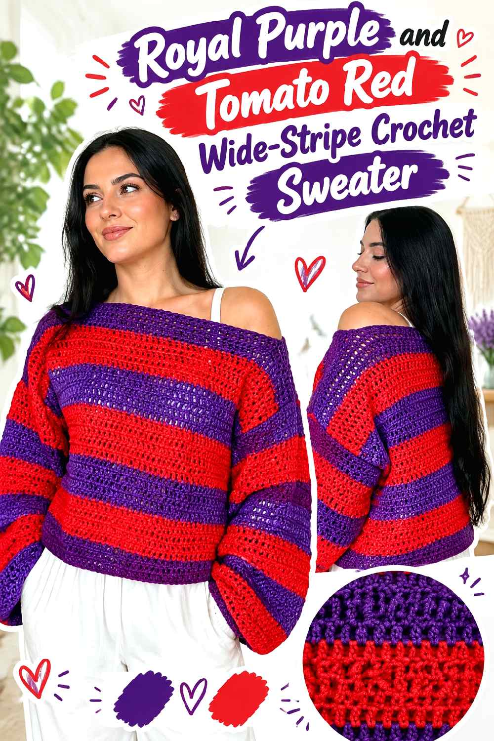 7. Royal Purple And Tomato Red Wide Stripe Crochet Sweater