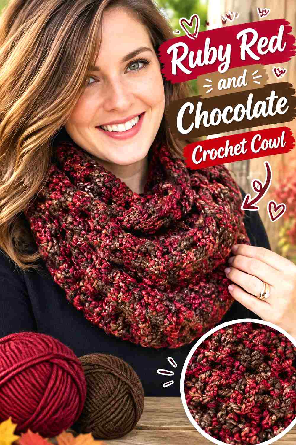 9. Ruby Red And Chocolate Crochet Cowl