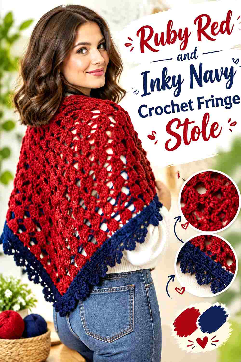 16. Ruby Red And Inky Navy Crochet Fringe Stole