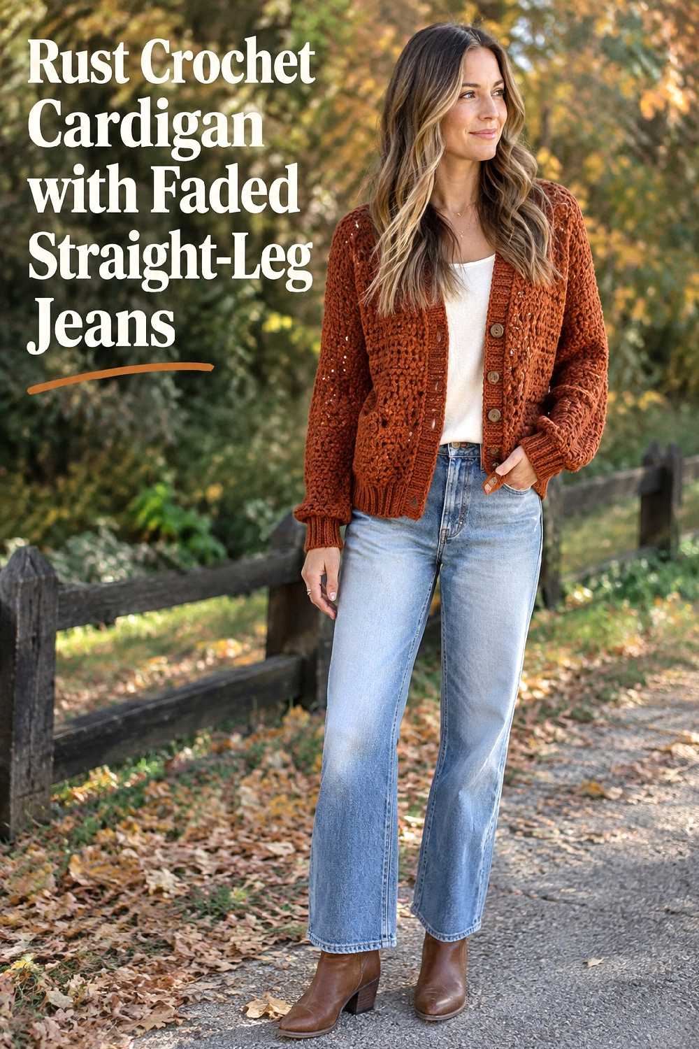 1. Rust Crochet Cardigan With Faded Straight Leg Jeans