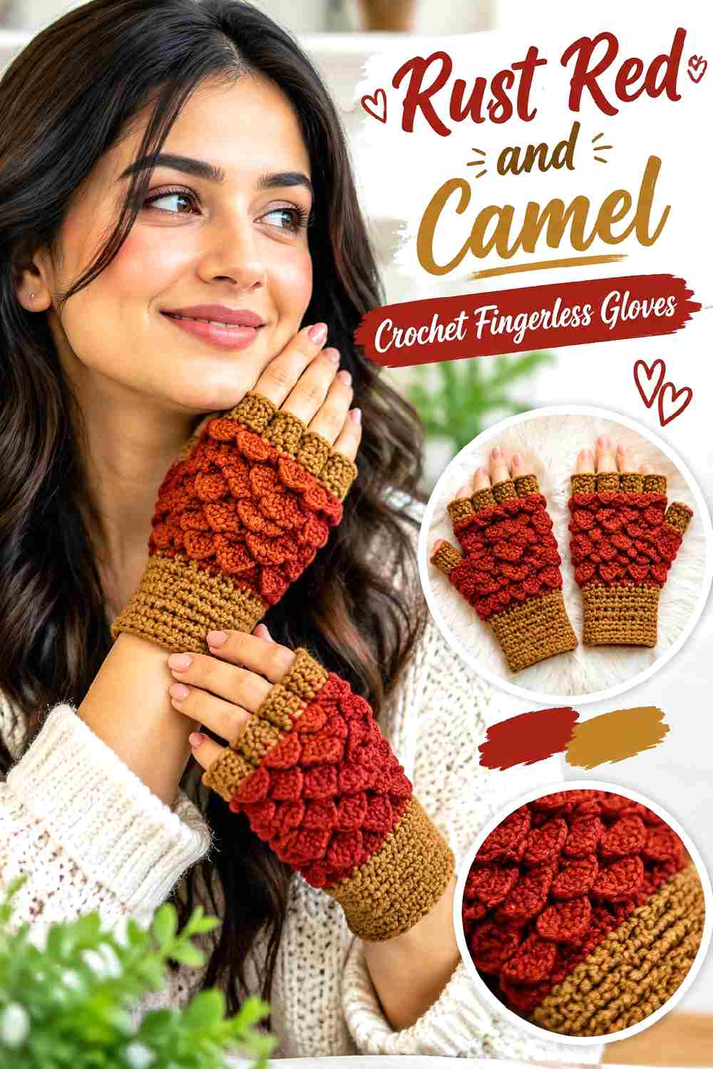 16. Rust Red And Camel Crochet Fingerless Gloves