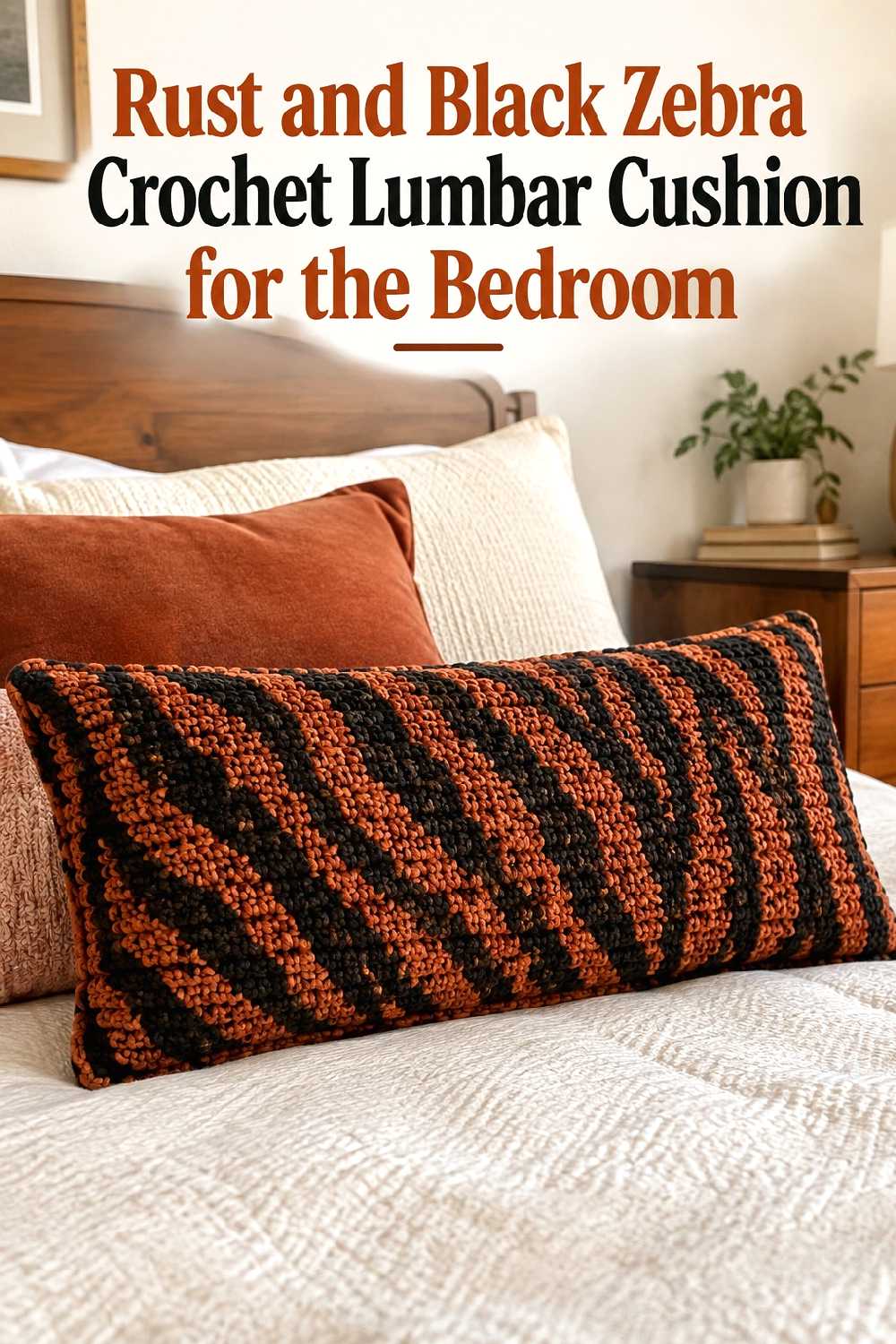 3. Rust And Black Zebra Crochet Lumbar Cushion For The Bedroom