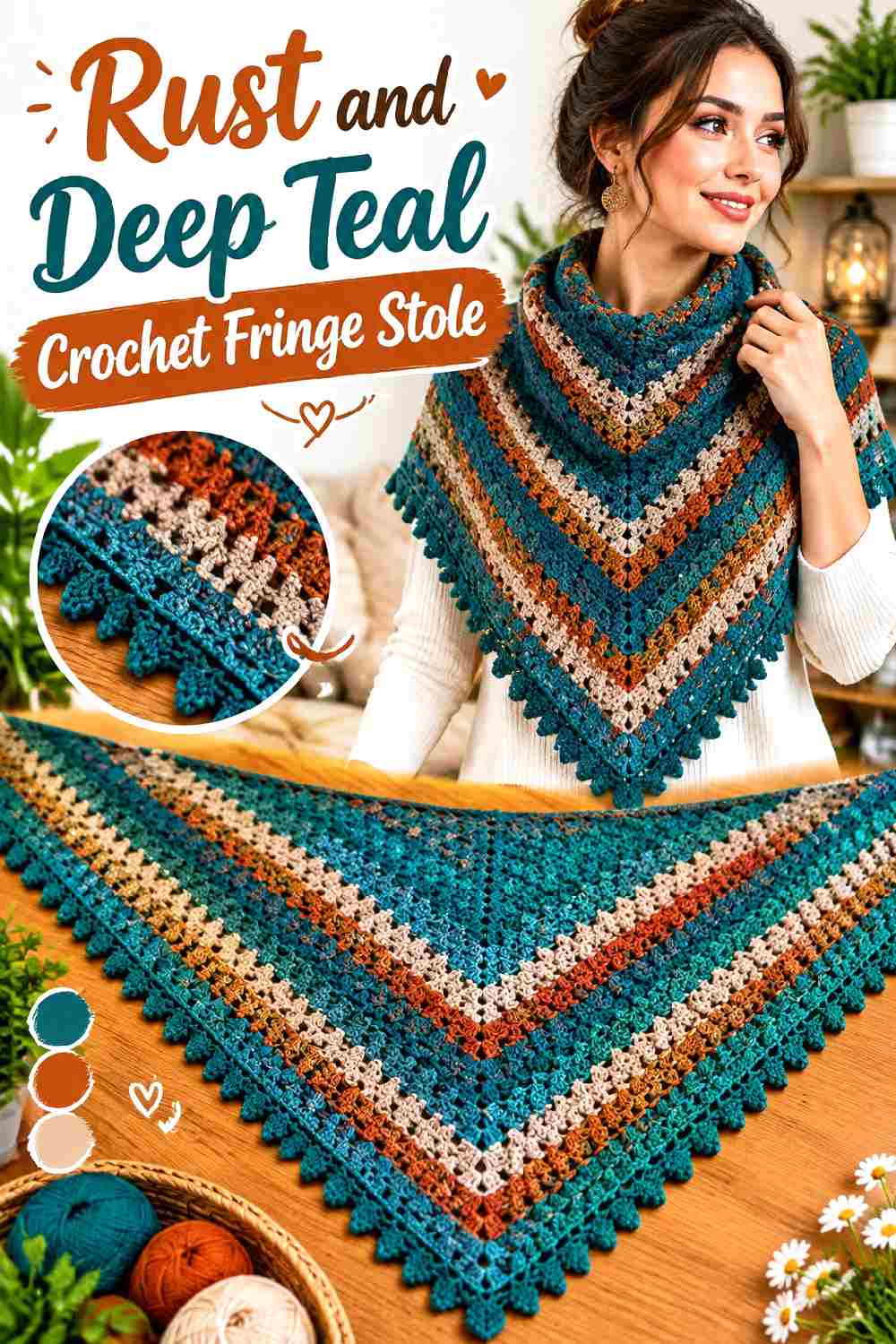 13. Rust And Deep Teal Crochet Fringe Stole