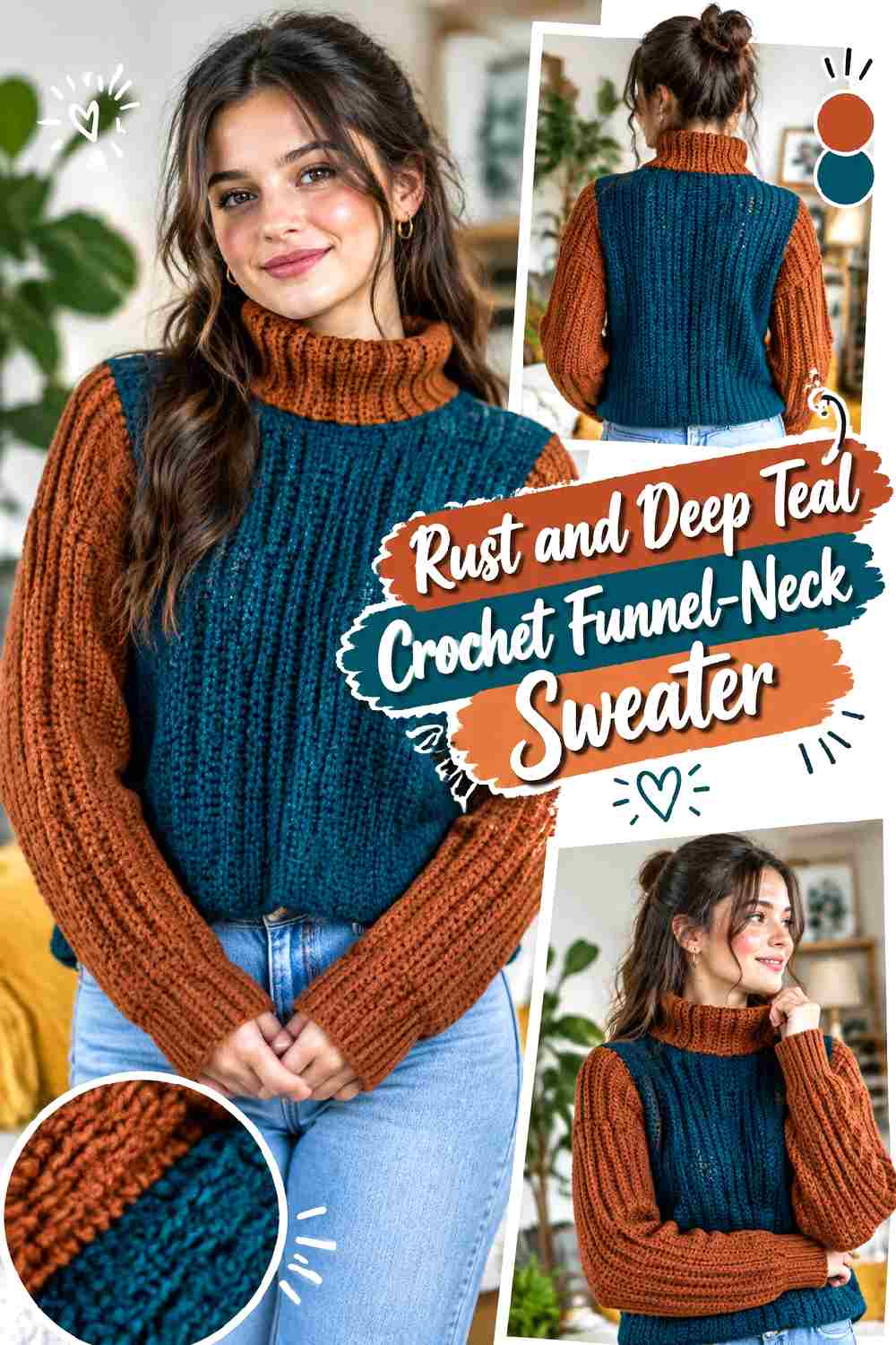 7. Rust And Deep Teal Crochet Funnel Neck Sweater