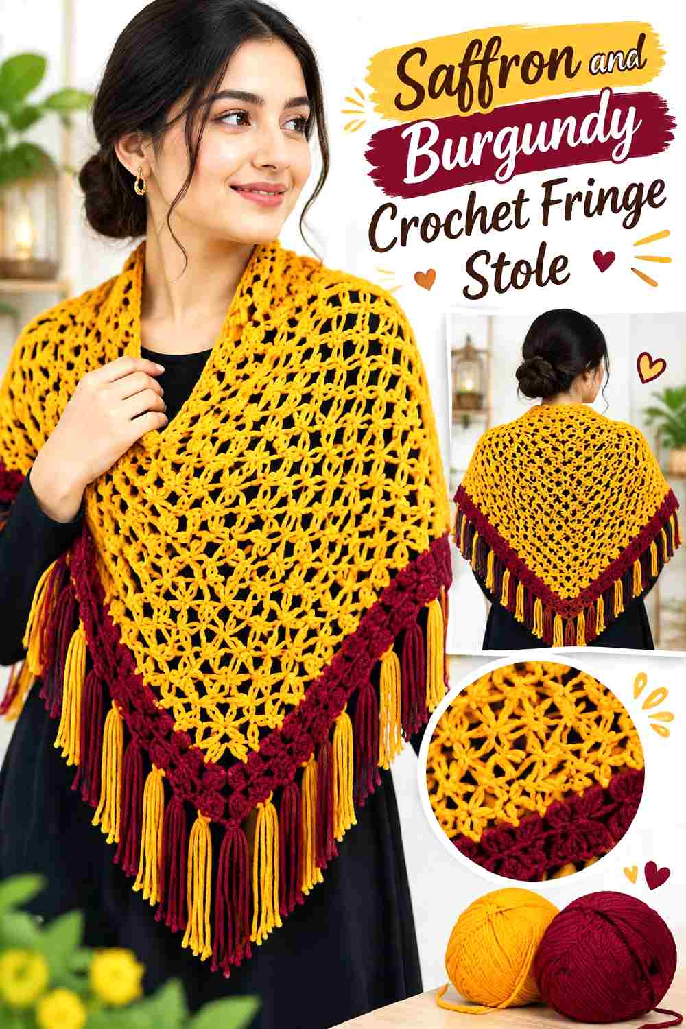 17. Saffron And Burgundy Crochet Fringe Stole