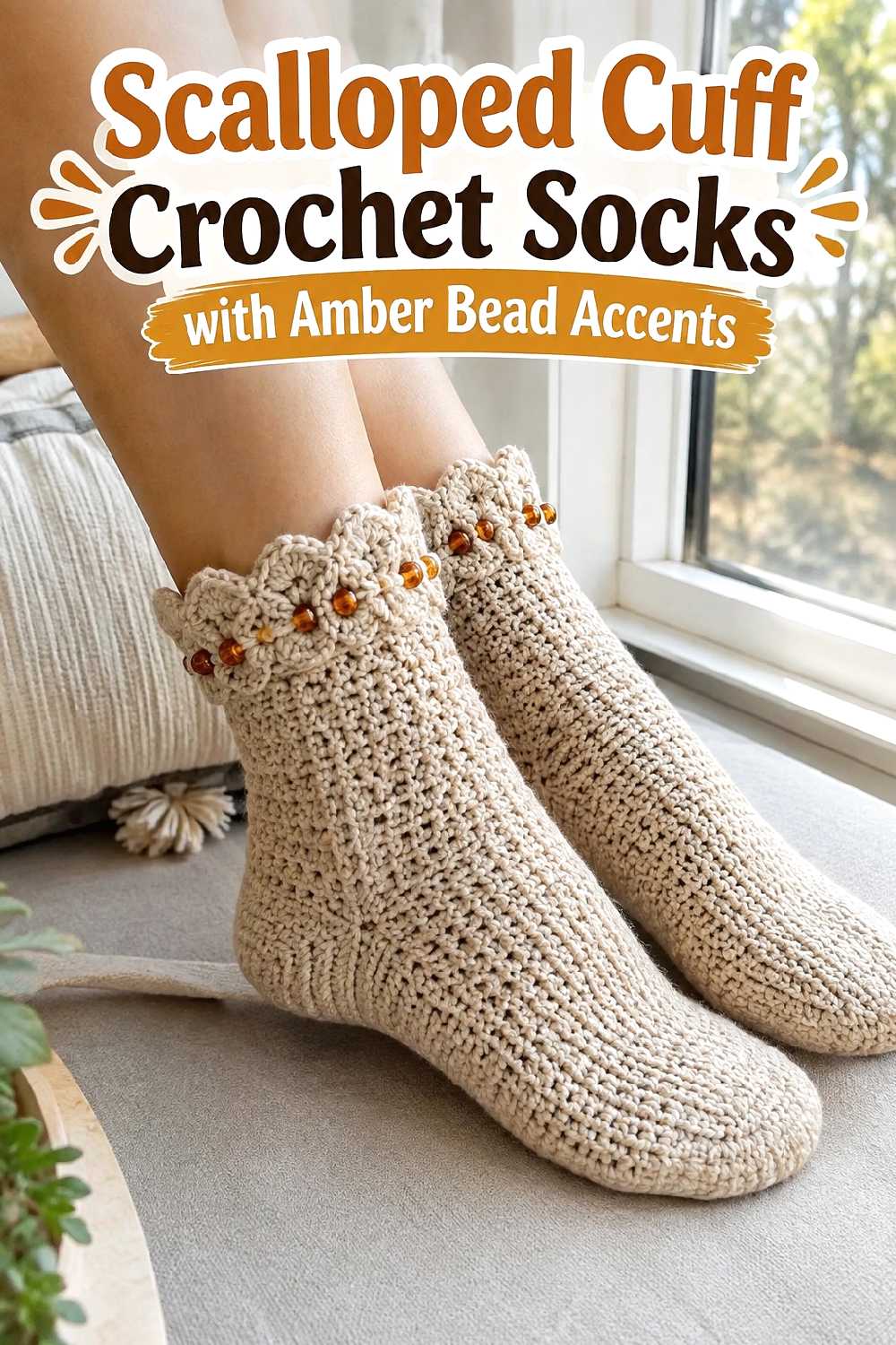 6. Scalloped Cuff Crochet Socks With Amber Bead Accents