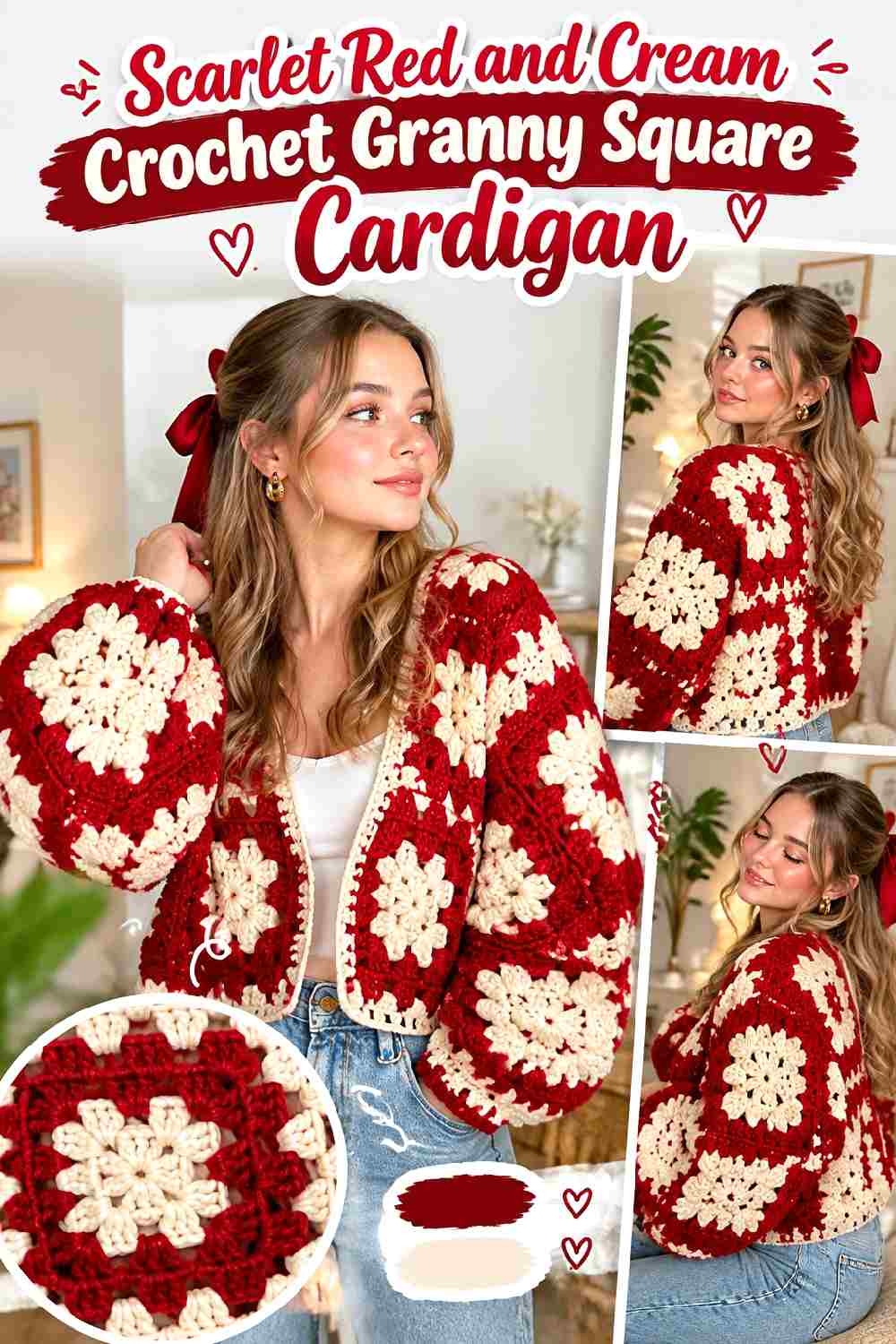 1. Scarlet Red And Cream Crochet Granny Square Cardigan