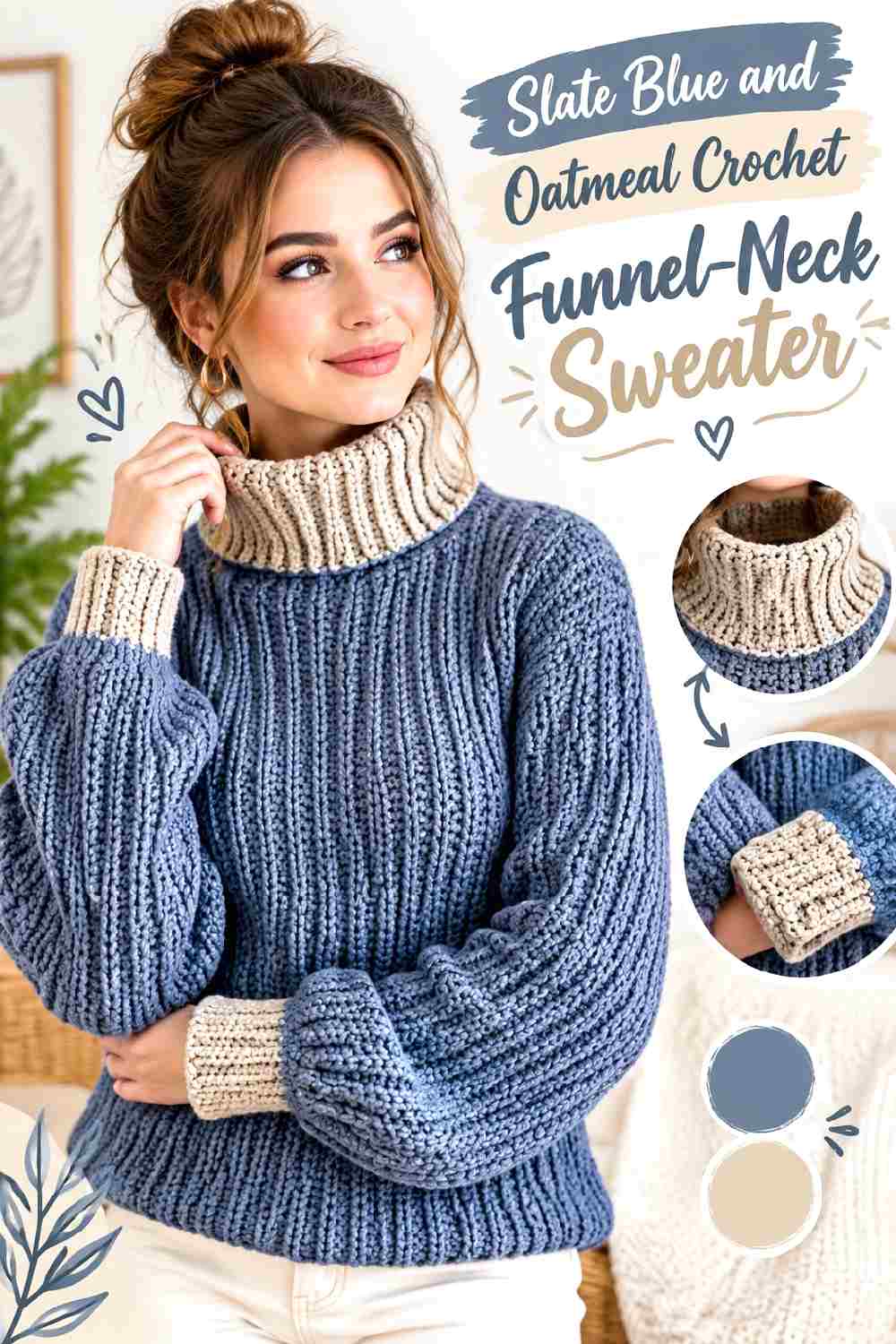 14. Slate Blue And Oatmeal Crochet Funnel Neck Sweater