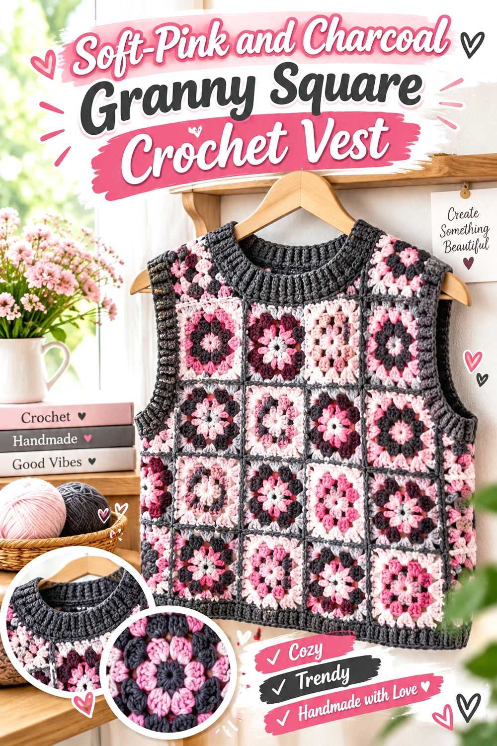 Soft Pink and Charcoal Granny Square Crochet Vest