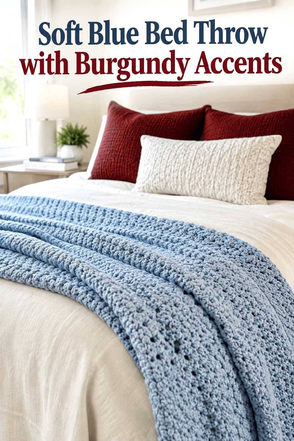 Soft blue bed throw with burgundy accents