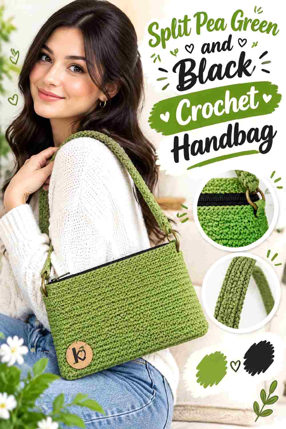 11. Split Pea Green And Black Crochet Handbag