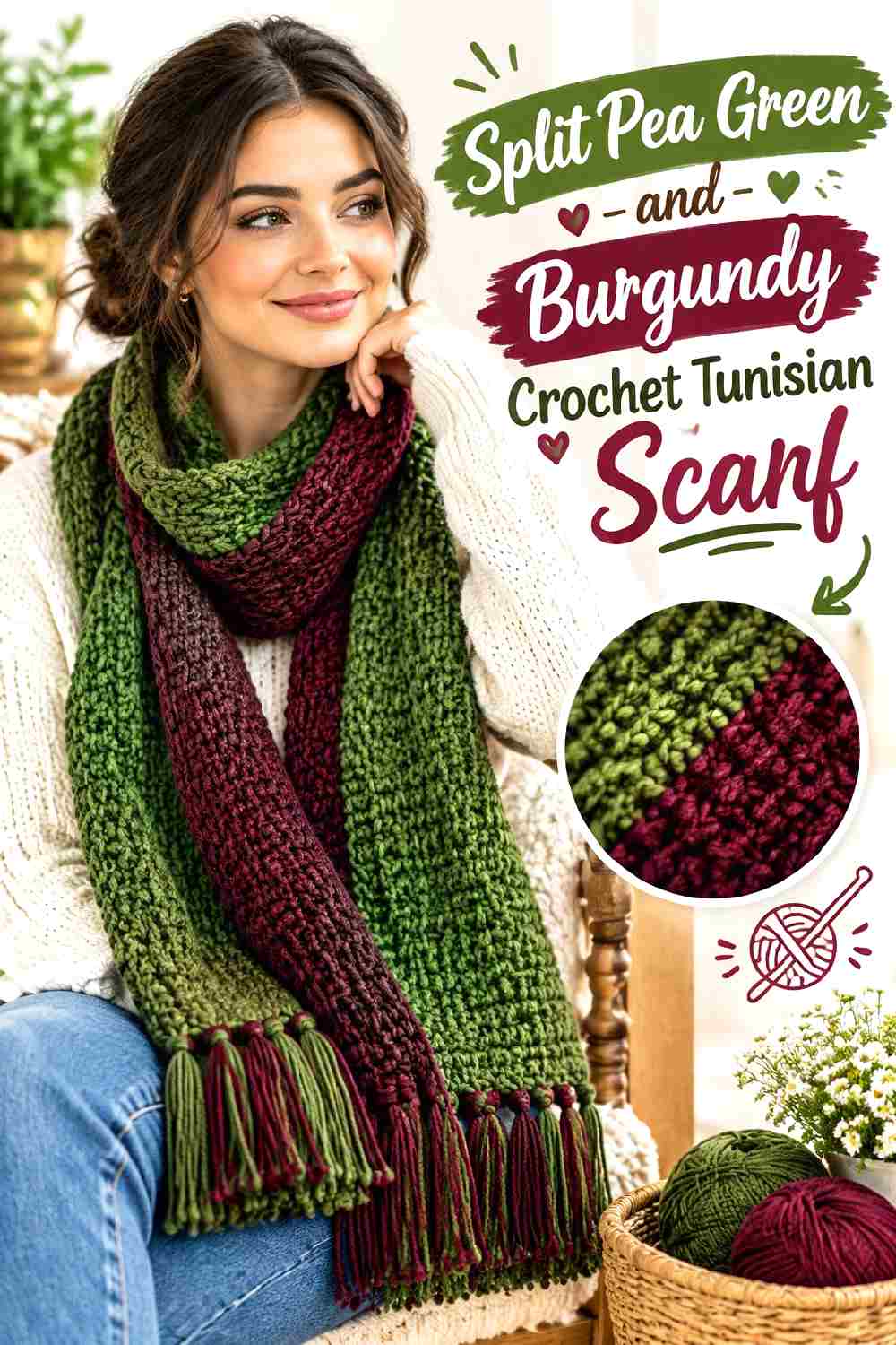 6. Split Pea Green And Burgundy Crochet Tunisian Scarf