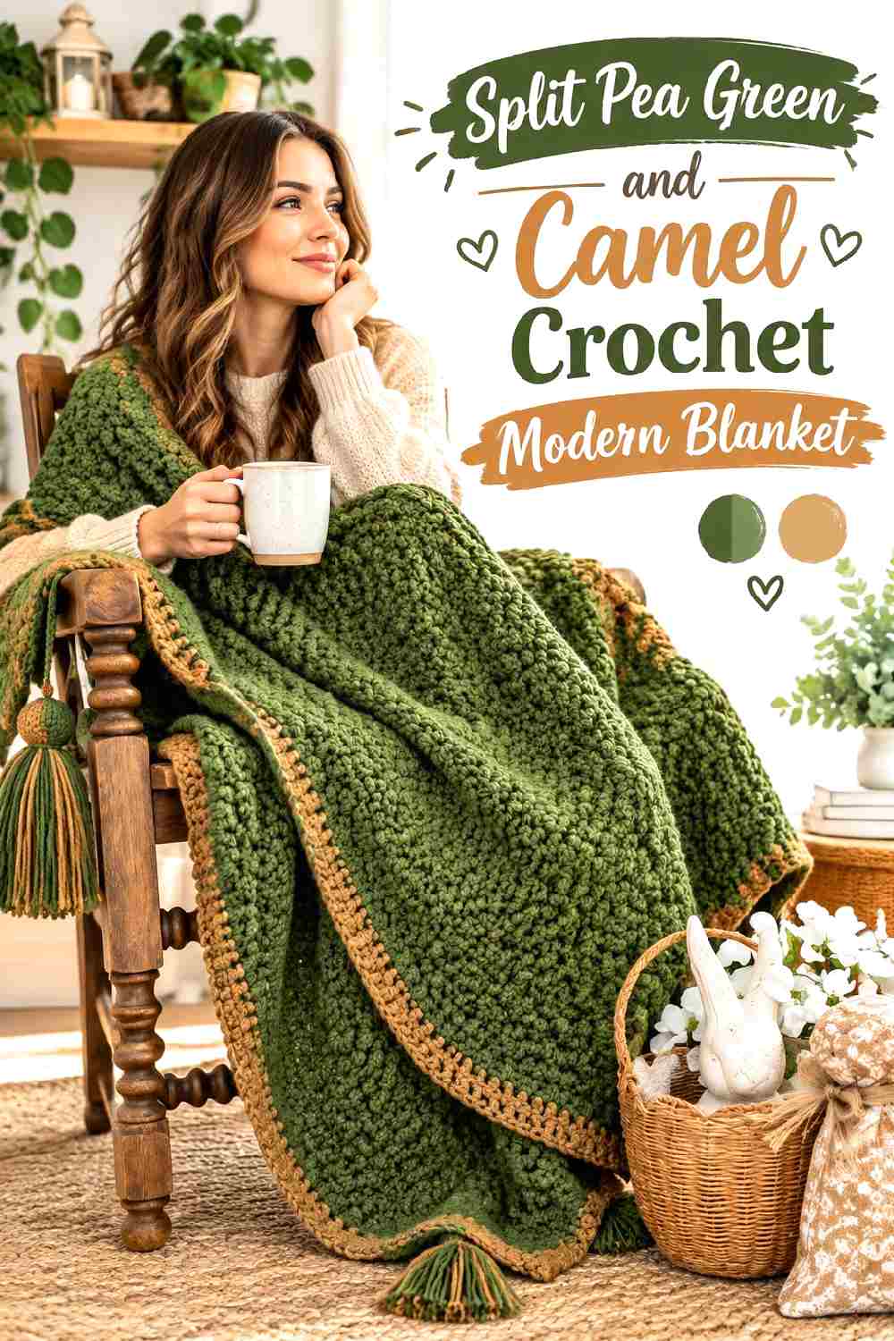 5. Split Pea Green And Camel Crochet Modern Blanket
